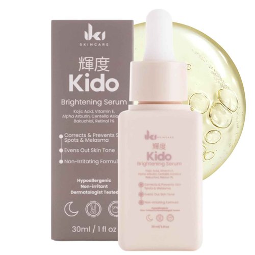 IKI Skincare - KIDO Brightening Serum - Reduces Dark Spots, Evens Skin Tone, Hydrates Deeply, Non-Irritating Formula, Kojic Acid, Alpha Arbutin, Retinol Serum for Face, Centella Asiatica, & Vitamin E