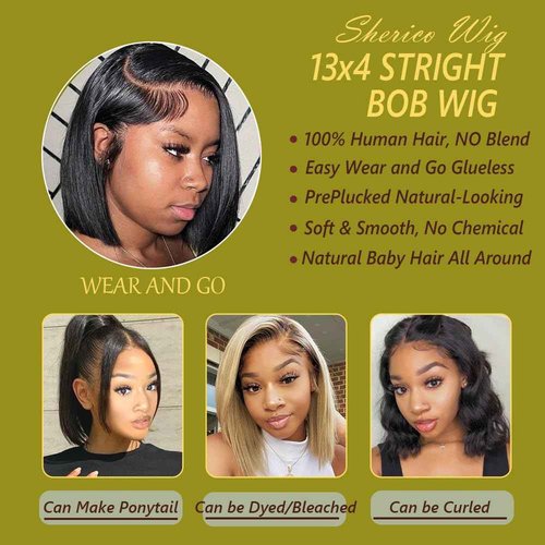 Lace Front Bob Wigs Human Hair 13x4 HD Lace Frontal Straight Bob Wig Human Hair Glueless HD Transparent Bob Wigs for Black Women 14 Inch Human Hair Natural Black Wig with Baby Hair 180% Density