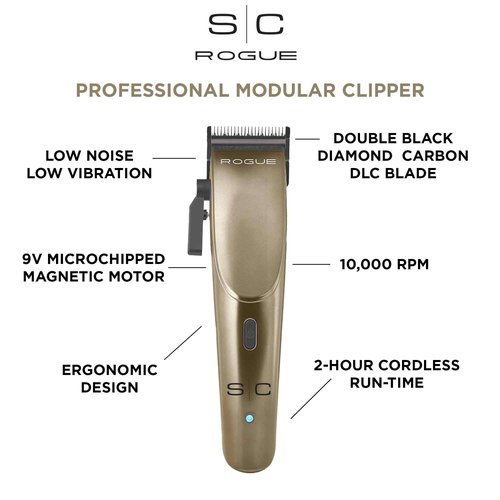 Stylecraft Rogue Professional 9V Microchipped Magnetic Motor Cordless Hair Clipper, 5 Guards, Matte Gunmetal