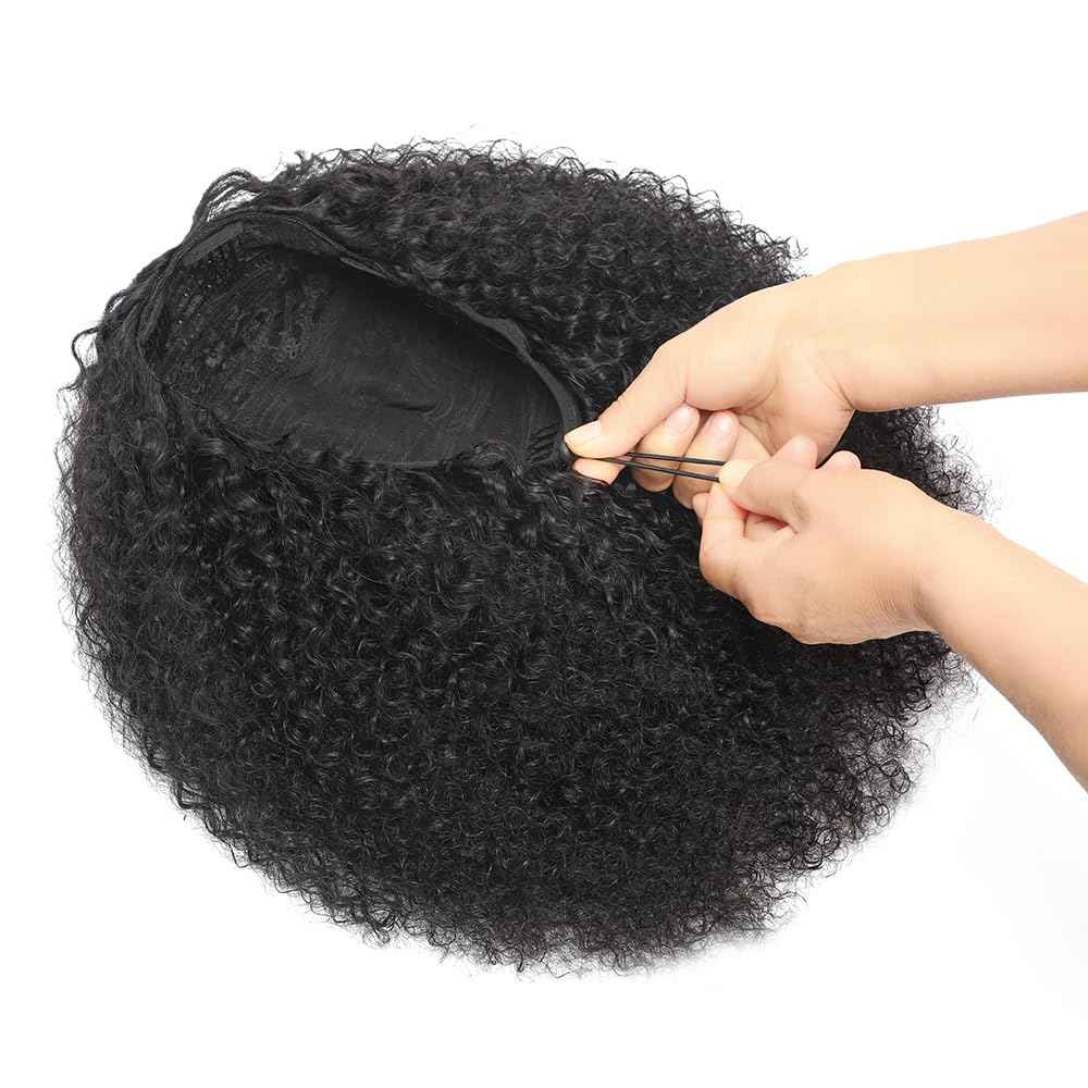 Kinky Curly Half Wig Human Hair 200% Density 3 In 1 Seamless Clip Ins Flip Over Half Wig Wear and Go Glueless Wigs Human Hair for Women Drawstring Headband Wig Beginner Friendly (Black, 20 Inch)