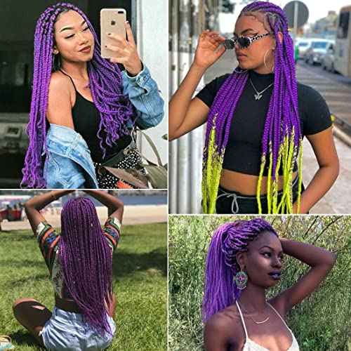Purple Braiding Hair 24 Inch Long Pre Stretched Hair Straight Yaki Texture Synthetic Hair Extensions Softness, 2 Packs