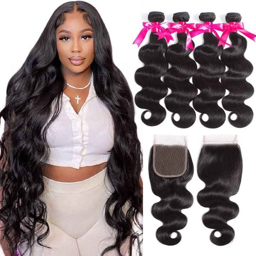 Flady 10A Brazilian Body Wave 4 Bundles with Closure Unprocessed Brazilian Virgin Human Hair Bundles with Closure (14 16 18 20+12 Closure)