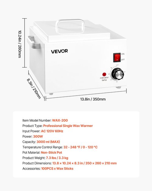 VEVOR Single Wax Warmer, 3000ML 300W Professional Wax Warmer for Hair Removal, 32 ℉- 248 ℉ Adjustable & Non-Stick Waxing Heater Pot with 100PCS Waxing Sticks for Home Use, Beauty Salon, Spa