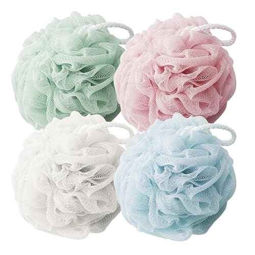 Shower Loofah Sponge for Men Women Body Scrubber Bath Sponge with Hanging Rope Exfoliating Shower Pouf Dense Mesh,Rich Lather(4-Pack)