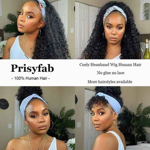 Prisyfab Curly Headband Wig Human Hair 22Inch Human Hair Headband Wig Glueless Wear and Go Human Hair Scarf None Lace Front Wigs 150% Density Natural Color