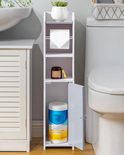 AOJEZOR Toilet Paper Holder Stand: Small Bathroom Storage Cabinet - Light Grey - White