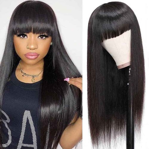 Abijale Straight Wigs Human Hair with Bangs 180% Density Brazilian Virgin Human Hair Wigs Glueless Machine Made Wigs for Women None Lace Front Wigs Natural Color 16 Inch