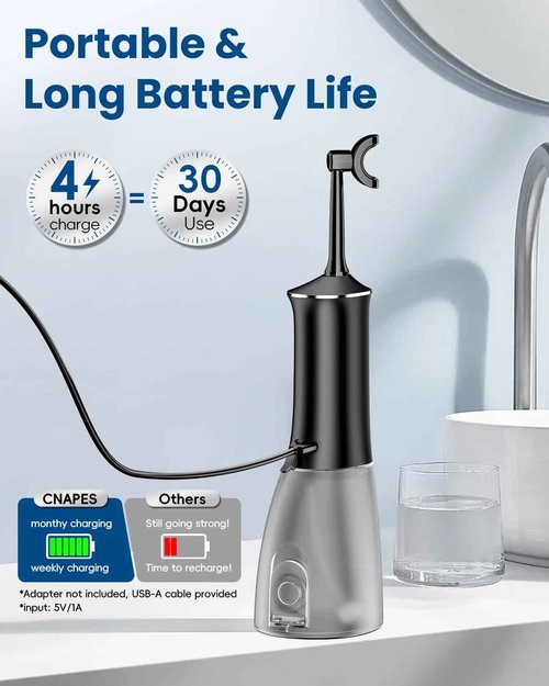 CNAPES Cordless Water Dental Flosser with 4 U-Shaped Jet，Black