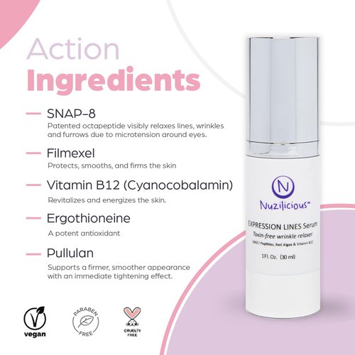 Nuzilicious Professional Grade Expression Line Serum – Toxin-Free, Vegan & Cruelty-Free, Wrinkle Relaxer for Face with Peptides – Smooths Fine Lines & Wrinkles, 1 oz