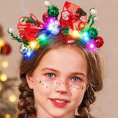 Latious Light Up Christmas Balls Headband LED Xmas Bow HairBand Glow Santa Bowknot Hair Hoop Holiday Costume Hair Accessories for Women and Girls