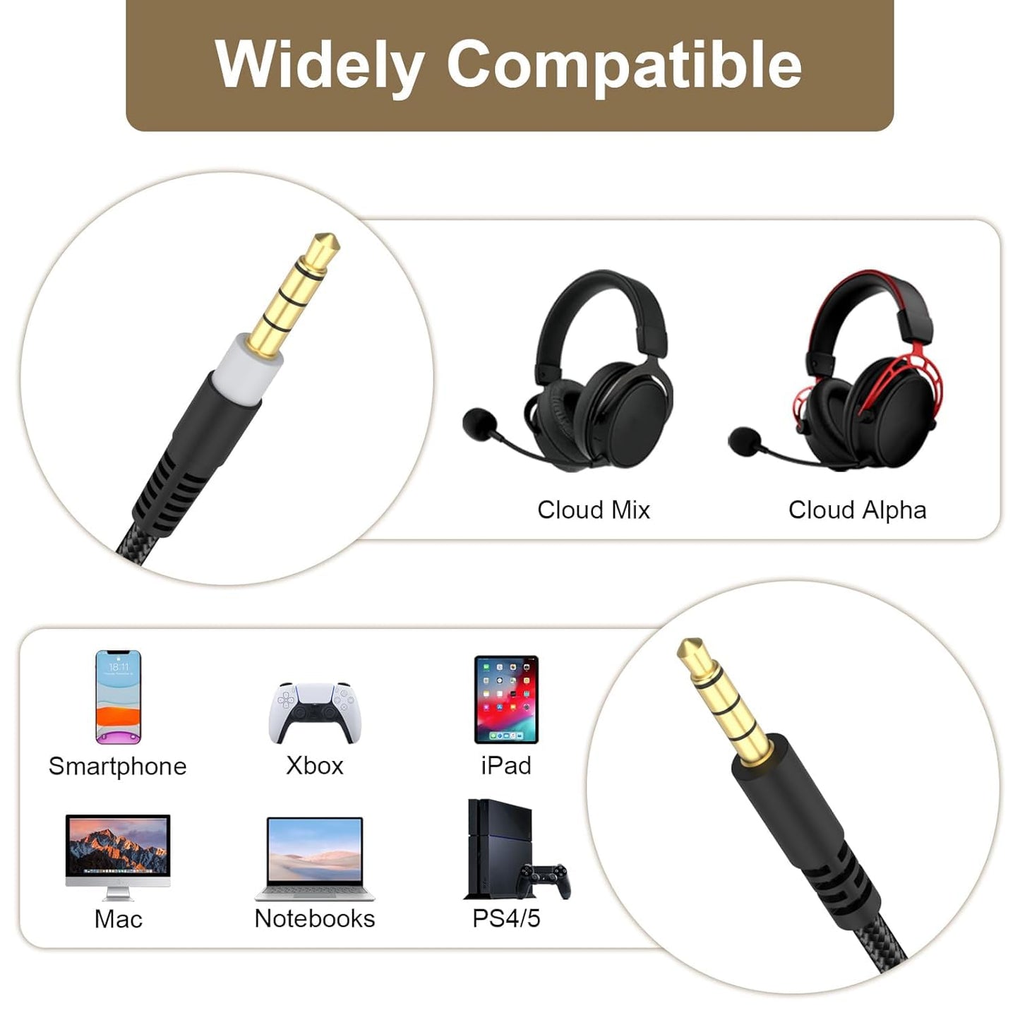 3.5mm Audio Jack Stereo Cloud Alpha Cable Aux Cord Game Headset Cable Wire Compatible with HyperX Kingston Cloud Alpha and Cloud Mix Gaming Headset, 5ft (No Mic)