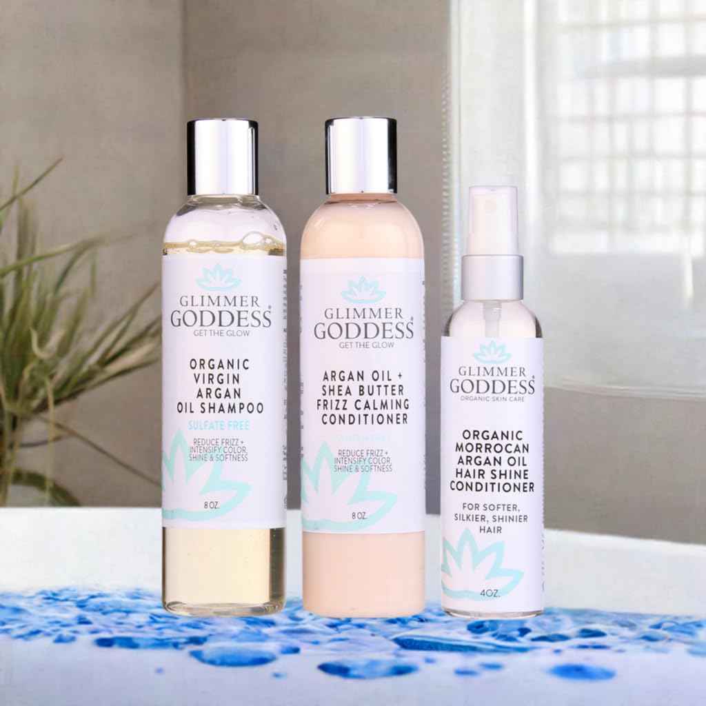 Glimmer Goddess Organic Argan Oil Hair Treatment Trio, Hydrating Shampoo, Deep Conditioner, Hair Shine Spray
