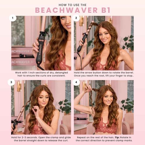Beachwaver B1 Rotating Curling Iron - Automatic 1 Inch Ceramic Curling Iron - Easy-to-Use Spinning Wand for Long-Lasting Waves - Auto-Shut Off, Travel-Friendly, Dual Voltage (BW160) in Midnight Rose
