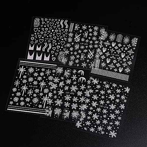 Christmas Nail Art Stickers Decals 3D Christmas White Snowflake Self-Adhesive Nail Art Supplies Snowflake Elk Heart Design Acrylic Nail Stickers for Women DIY Manicure Tattoos Decoration 6 Sheets
