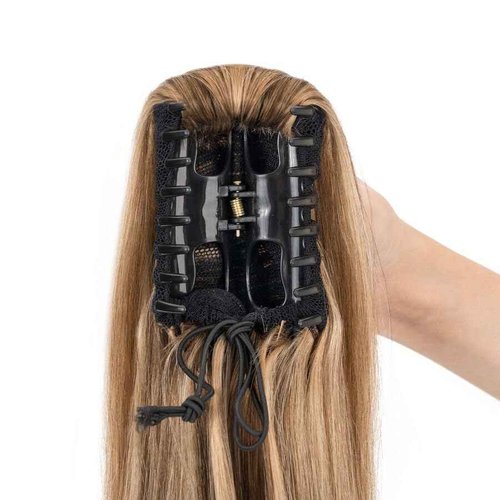 TESS Human Hair Claw Clip Ponytail Extension Real Remy Hair long ponytail extension for Women Straight, 18 Inch, Chocolate Brown Mixed Light Brown