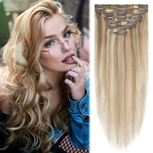 MY-LADY Clip in Hair Extensions Real Human Hair Golden Brown & Bleach Blonde 22 Inch 85g Remy Hair 8pcs Weft Balayage Full Head Silky Natural Straight for Women