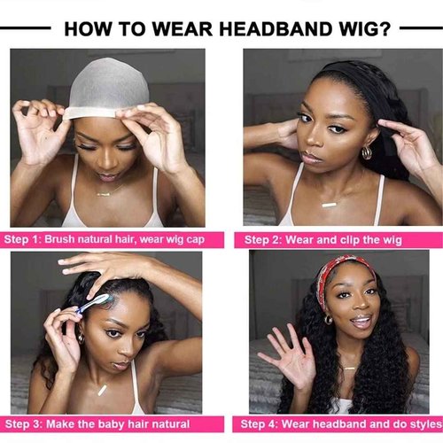 Punmasa Headband Wig Deep Wave 12 Inches 100% Human Hair Headband wigs for women Glueless None Lace Front Wig Machine Made 150% Density headband wig human hair Natural Black and Ombre 4/27