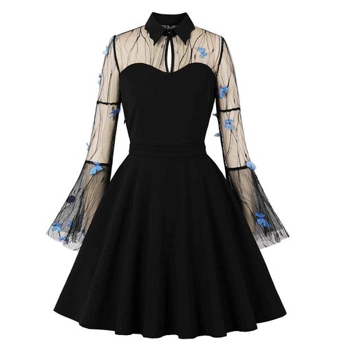 Women Keyhole Front Mesh Bell Sleeve Vintage 1950s Cocktail Swing Dress Embroidered Floral Peter Pan Collar 50s 60s Rockabilly Prom Dress A-line Wedding Evening Party Casual Skater Dress Butterfly XL