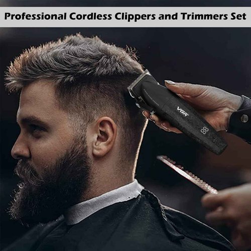 VGR 640 Professional Hair Clippers for Men, 9000RPM Cordless Barber Clippers and Trimmers Set, Zero Gap T-Blade Hair Cutting Kit, DLC Coated Ceramic Blade Barber Kit with LED Display(Black)