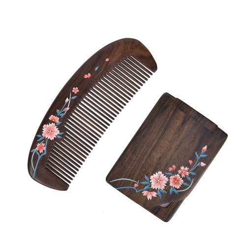 TAN MUJIANG Natural Wooden Comb & Mirror Set - Handcrafted Natural Wooden Haircare Kit with Sakura Design