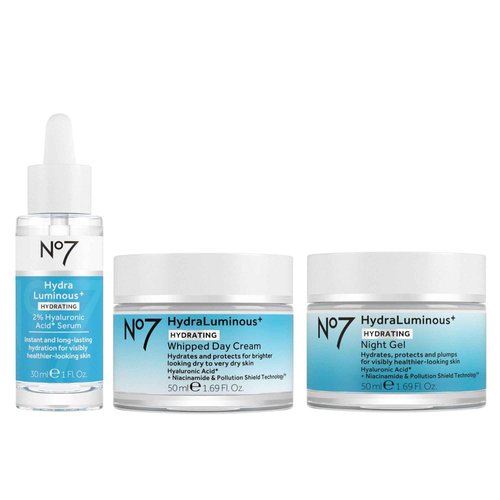No7 HydraLuminous+ 2% Hyalyronic Acid Serum, Day Cream and Night Gel Moisturizer - Hyaluronic Acid and Vitamin B3 to Support Skin Barrier Repair - For Visibly Radiant & Healthier-Looking Skin- 3-Item