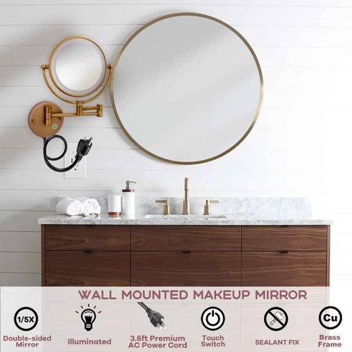 RECKODOR 8" Brass Wall Mount Makeup Mirror with Lights, 1X/5X Double Sided Personal Mirrors for Bathroom with 360 Swivel Extendable, Antique Brass Indoor Arts Ware, Plug Powered