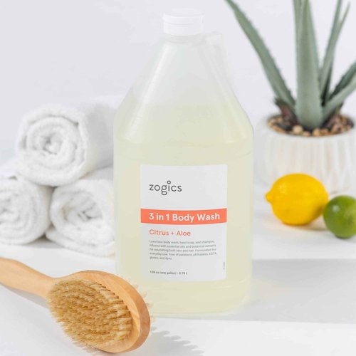 Zogics 3-in-1 Body Wash – Body Soap, Shampoo, and Hand Soap Liquid Refill All-in-One, Hydrating Plant-Based Formula, Refreshing Citrus + Aloe Scent (4 Gallons/Case)