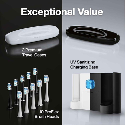 Aquasonic Duo Series PRO UV - ADA Accepted Electric Toothbrushes with UV Sanitizer - Inductive Charging Base - 5 Modes with Smart Timers - 10 Proflex Brush Heads & 2 Travel Cases