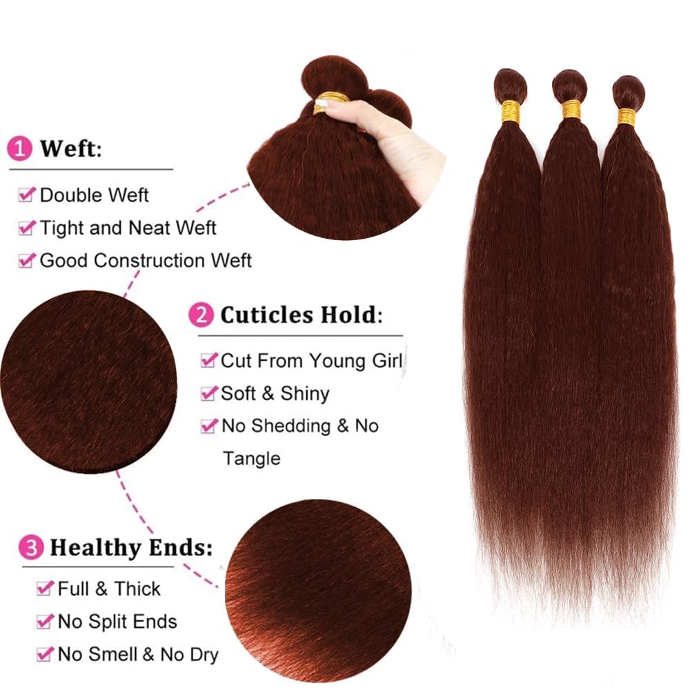 Giginger Brazilian Human Hair Bundles 18 20 22 Inch Brown Copper Red Yaki Wave 3 Bundles Human Hair Unprocessed Virgin Quick Weave Hair for Black Women