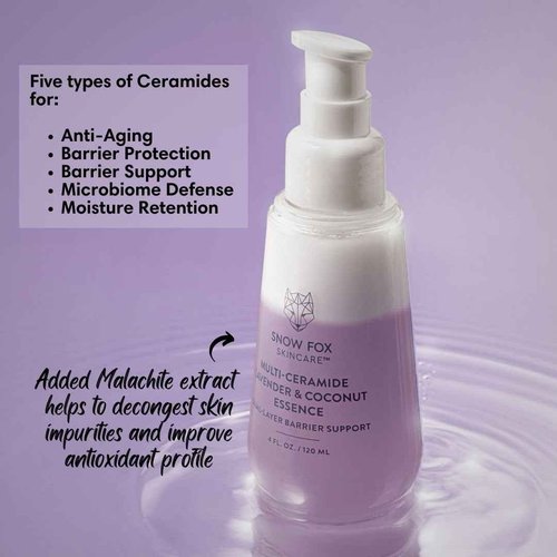 Snow Fox Skincare - Multi-Ceramide French Lavender & Coconut Essence Serum | Hydrating, Revitalizing Face Serum for Dry, Mature, Sensitive Skin | Vitamin B5, Hyaluronic Acid, Malachite | 120ml