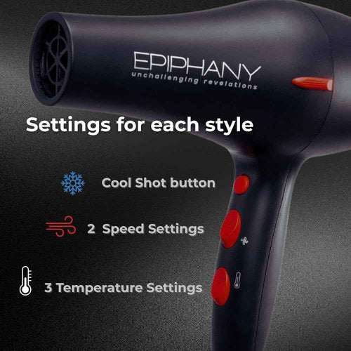 Epiphany Professional Hair Dryer 1875W – Ionic Blow Dryer with Ceramic Tourmaline Technology for Fast Drying, Frizz Control & Shine – Includes Diffuser & 2 Nozzles – Lightweight for All Hair Types