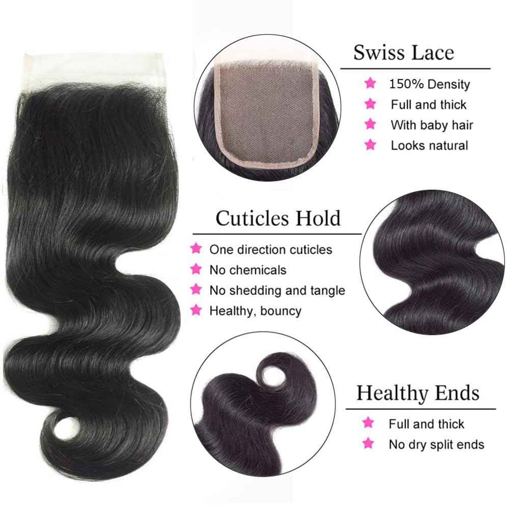 Human Hair Bundles with Closure 18 20 22+16 Inch Body Wave Closure with bundles 100% Brazilian Virgin 3 Bundles Human Hair Weave with 4x4 Free Part Lace Closures Natural Black