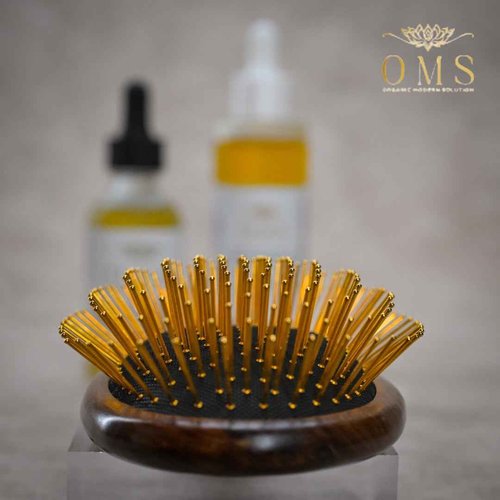 ORGANIC MODERN SOLUTION Luxury Styling Hair Brush, Gold Plated Steel Bristles, Walnut Wood Handle, 9x3.5 Inch, Scalp Massage, Gua Sha, Detangling, Reduces Breakage