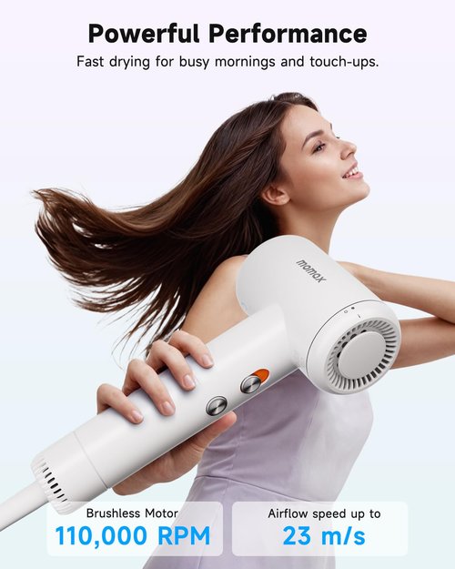 momax High-Speed Hair Dryer - Mini Blow Dryer with 110,000 RPM Brushless Motor, Negative Ionic for Fast Drying, Low Noise, Portable with Magnetic Nozzle, Lightweight Design for Home and Travel