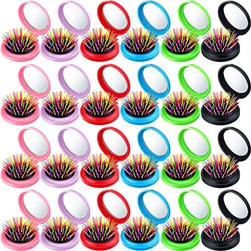 Hoolerry 24 Pcs Folding Travel Hair Brush with Mirror Round Folding Mini Hair Brush Compact Bulk Portable Small Brush Hair Combs for Women Girls Men Makeup Operation Christmas, 6 Colors