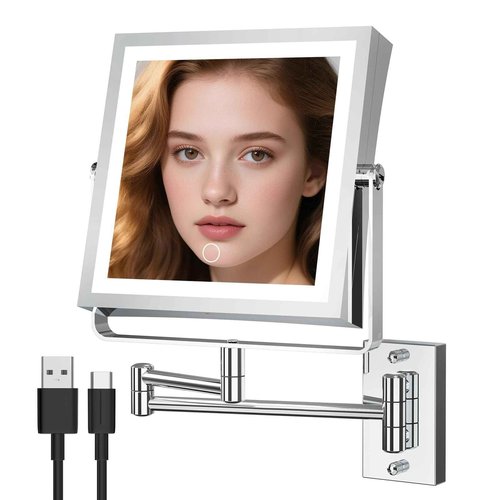 Wall Mounted Makeup Mirror with Lights 4000mAh Rechargeable Double Sided 1X/10X Magnifying Lighted Vanity Mirror with 3 Color Lights & Touch Dimmable 360° Rotation Extension Swing Arm for Bathroom