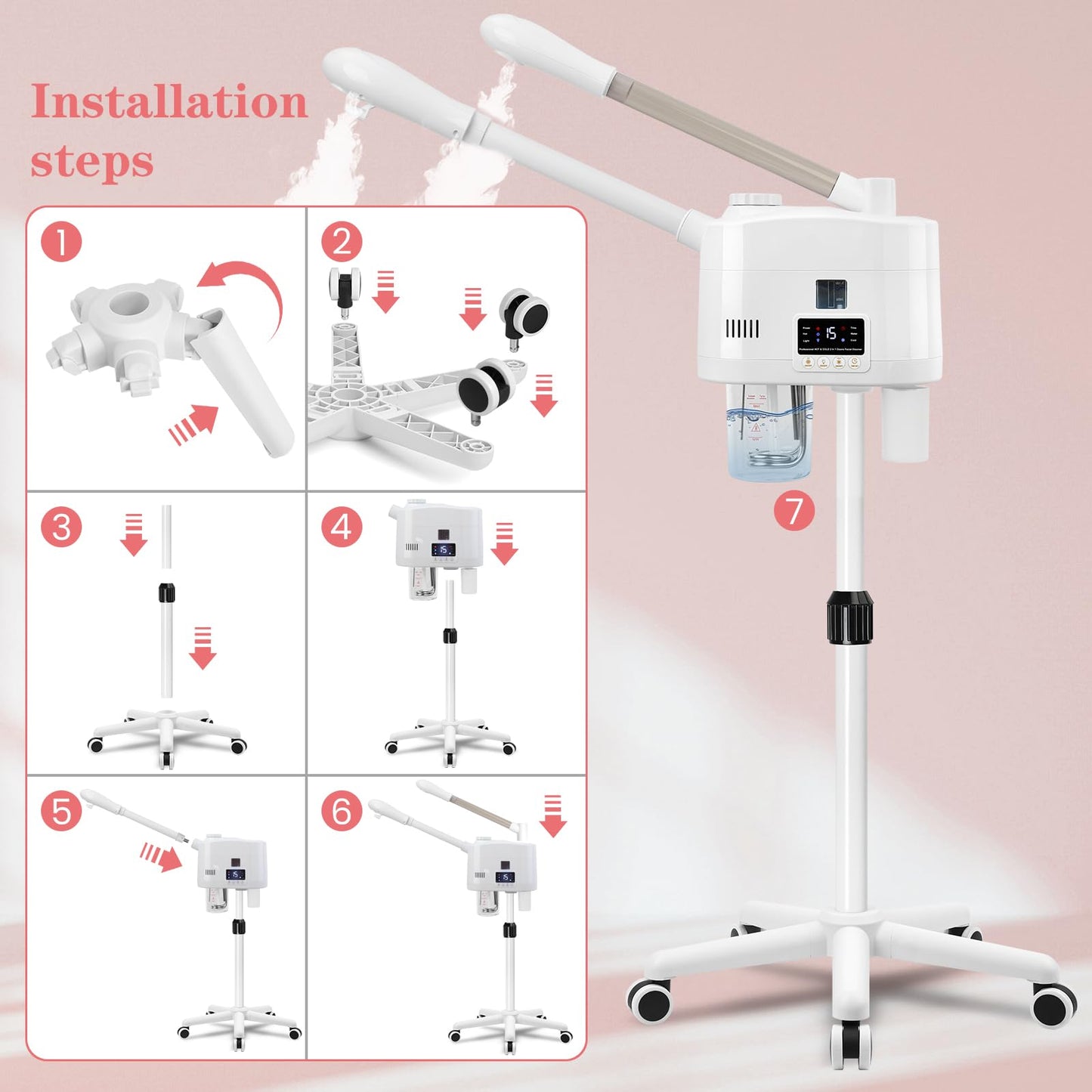 Professional Facial Steamer, 2 in 1 Facial Steamer with Hot&Cold Nozzle, Esthetician Face Steamer with Digital Display for Spa, Salon and Home Use