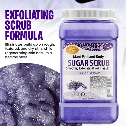 SPA REDI – Sugar Body Scrub, Lavender and Wildflower, 128 Oz Exfoliating, Moisturizing, Hydrating and Nourishing, Glow, Polish, Smooth and Fresh Skin - Body Exfoliator