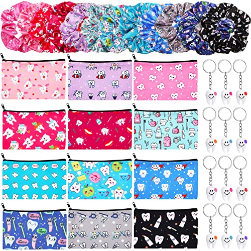 36 Pcs Dental Hygienist Gifts - Makeup Bags, Hair Scrunchies, Tooth-Shaped Key Chains, Hair Holder for Women and Dental Assistants