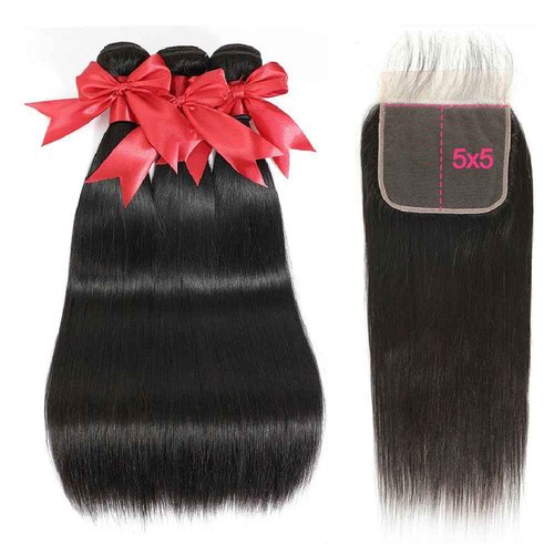 LXYANOO 12A Straight Bundles Human Hair with 5x5 Closure 18 20 22+16 Inch Brazilian Human Hair Weave Bundles with 5x5 HD Lace Closure 100% Unprocessed Virgin Hair Extensions
