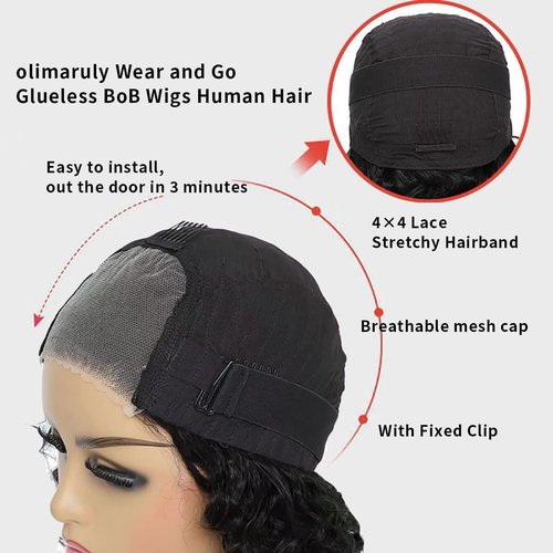 olimaruly Bob Wig Human Hair Wear and Go Glueless Bob Wigs Human Hair Pre Plucked Pre Cut Curly Bob Human Hair Wigs 4x4 HD Lace Closure Wigs for Black Women 16 Inch