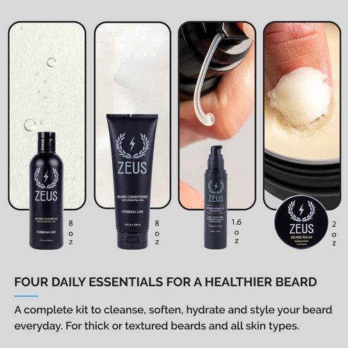 ZEUS Everyday Beard Care Kit for Men, Beard Shampoo, Conditioner, Refined Oil & Styling Balm, Softens, Hydrates, Tames & Strengthens (Made in USA) Sandalwood