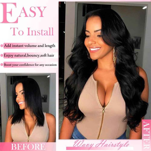 AIWET Wavy Clip in Hair Extensions Real Human Hair 8 Pieces 140g Body Wave Human Hair Clip in Extensions for Black Women Grade 12A Jet Black Remy Human Hair Extensions Double Wefts (#1,24 Inch)