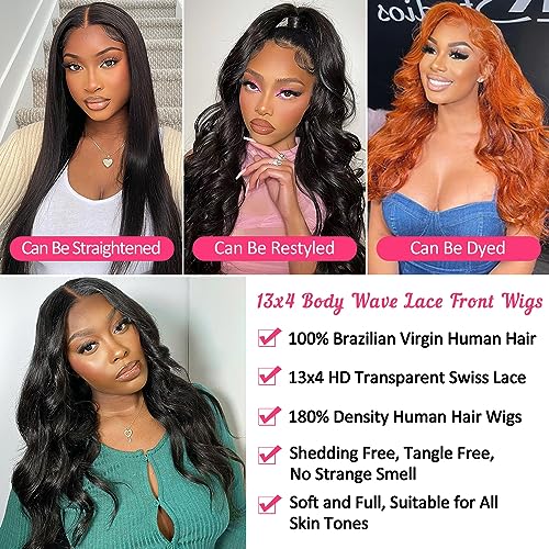 Body Wave Lace Front Wigs Human Hair 13x4 HD Transparent Lace Frontal Wigs for Black Women 180% Density Glueless Wigs Human Hair Pre Plucked with Baby Hair (18inch)