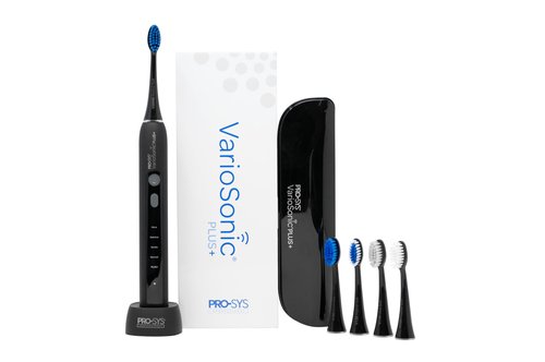 PRO-SYS® VarioSonic Plus+ Full Kit Professional Electric Toothbrush, Rechargeable with Pressure Sensor and Timer, Customizable Intensity Powered Toothbrush with Travel Case (Black)