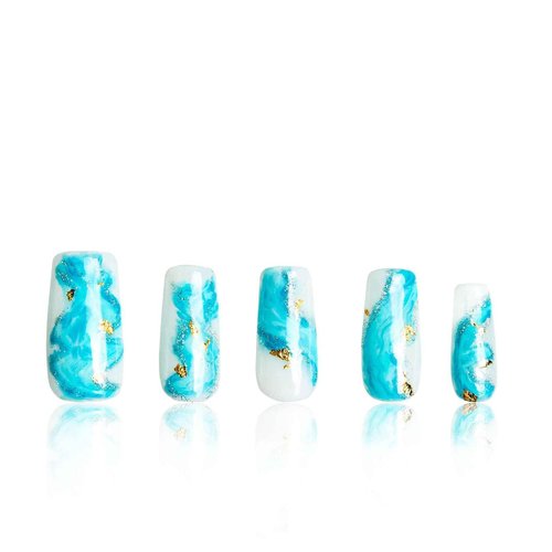 LOVFUL Press on Nails Blue Bay Wave French Tip | Handmade with Full Covered Crystals | Reusable Fake Nails | Square Regular 1.0 in | H63-S