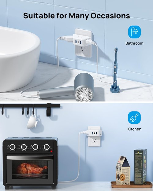 TROND Outlet Extender with USB, Wall Splitter with 2 AC Sockets, 3 USB Ports, 3-Side Design Wall Plug Adapter, Cruise Essentials, Plug Extension Outlet for Travel Home Office, White