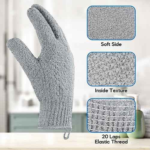 Exfoliating Gloves for Big Hands 8Pack- Lengthened and Large Double-Sided Shower Gloves(4Pairs/8Pcs) for Shower, Spa, Massage - Large Bath Gloves (4Pcs Black and 4Pcs Gray)