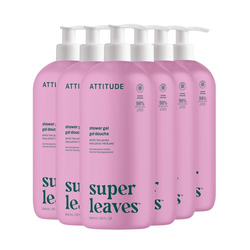 ATTITUDE Body Wash, EWG Verified Shower Gel, Dermatologically Tested, Plant and Mineral-Based, Vegan Personal Care Products, White Tea Leaves, 32 Fl Oz (Pack of 6)
