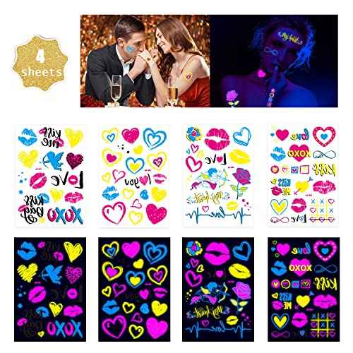 Glow In The Dark Heart Temporary Tattoos,Luminous Neon Valentines Day Temporary Tattoos, Bride Wedding Valentine Heart Music Rave Festival Tattoos Stickers For Women Men Adults(Neon Heart)